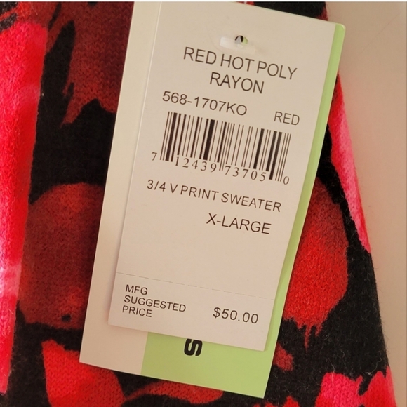 CATHY DANIELS Longsleeve Red Black Floral Print Sweater Top Size XL - Picture 4 of 5